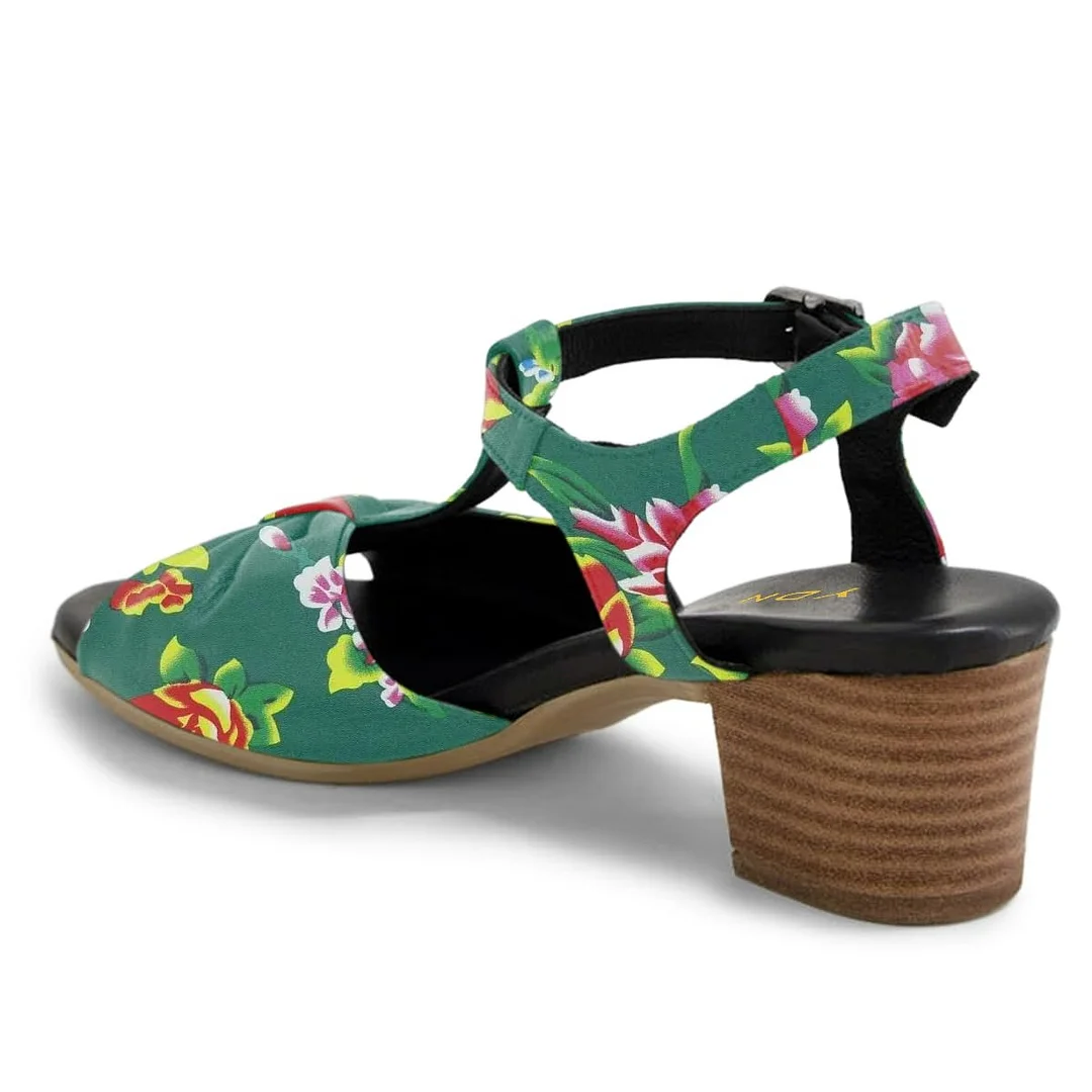 Multicolor Floral Print Open Toe T-Strap Block Heel Sandals