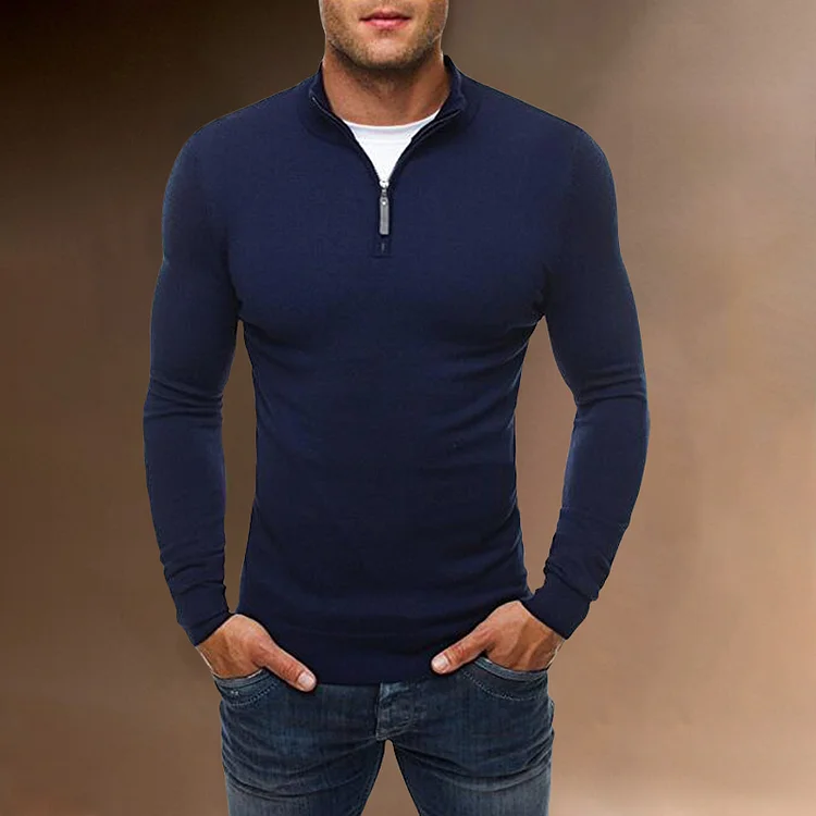 BrosWear Fall Winter Casual Slim Fit High Neck Knit Zipper Collar Sweater blue
