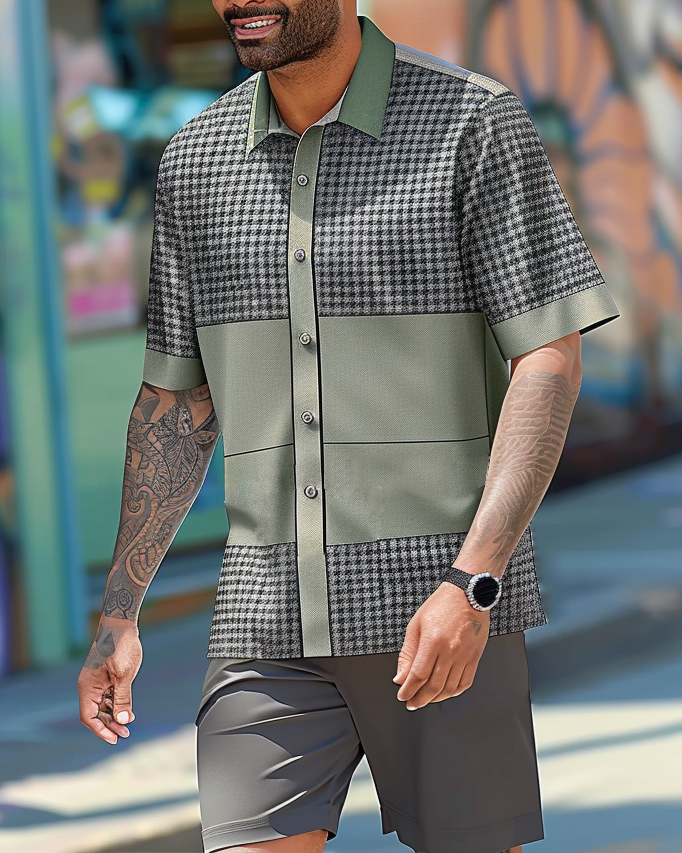 Men's Business Casual Plaid Simple Patchwork Texture Short Walking Suit 048