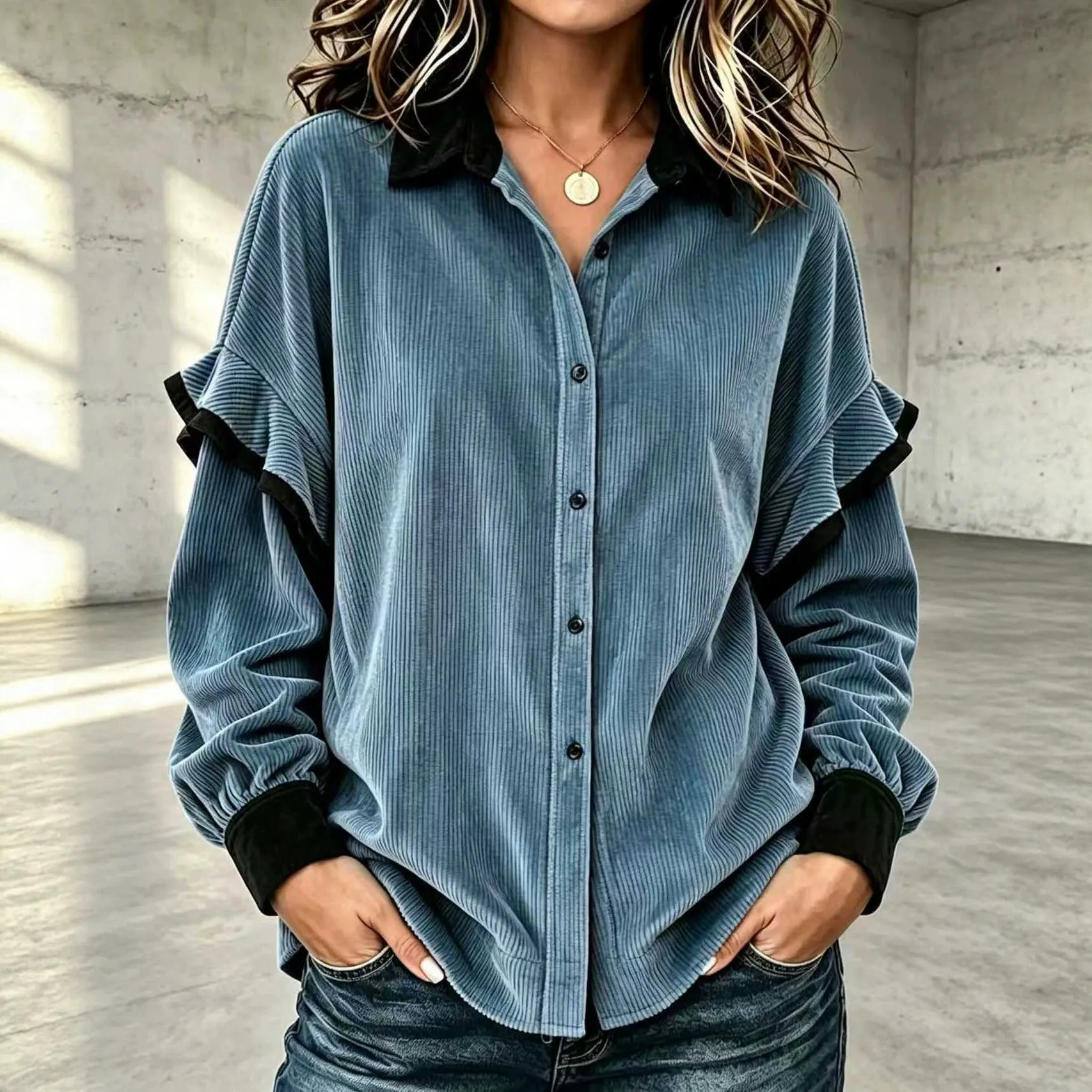 Ruffle Long Sleeve Contrast Collar Casual Blouse