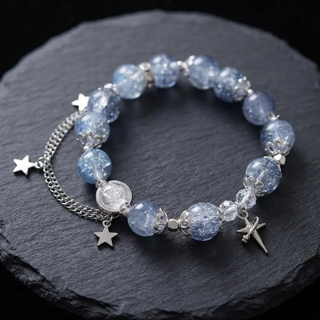 JiStones Celestial Azure Crystal Bracelet with Star Tassel Charm