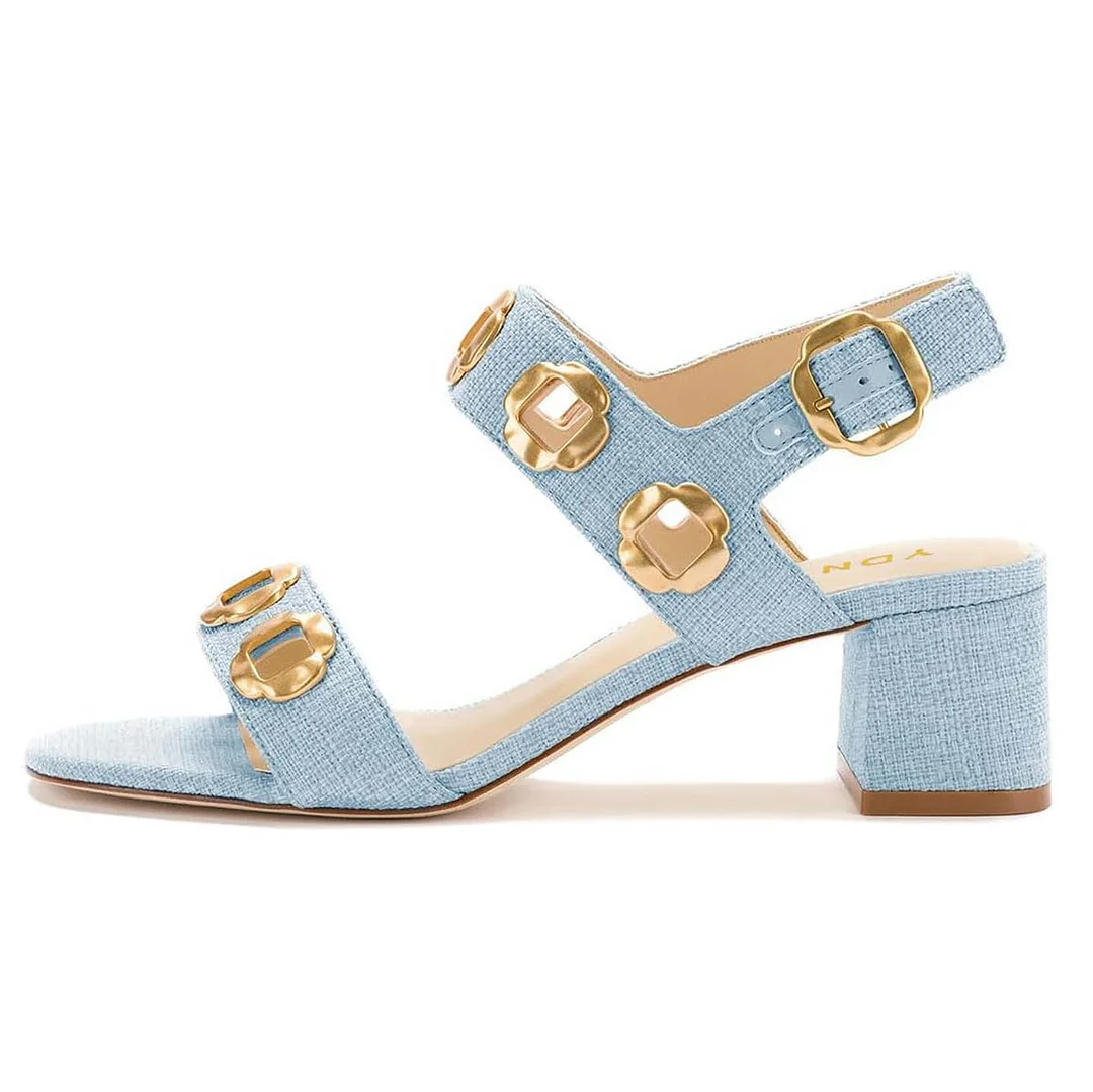 Fashion Blue Open Toe Ankle Strap Buckle Cut Out Low Heel Sandals
