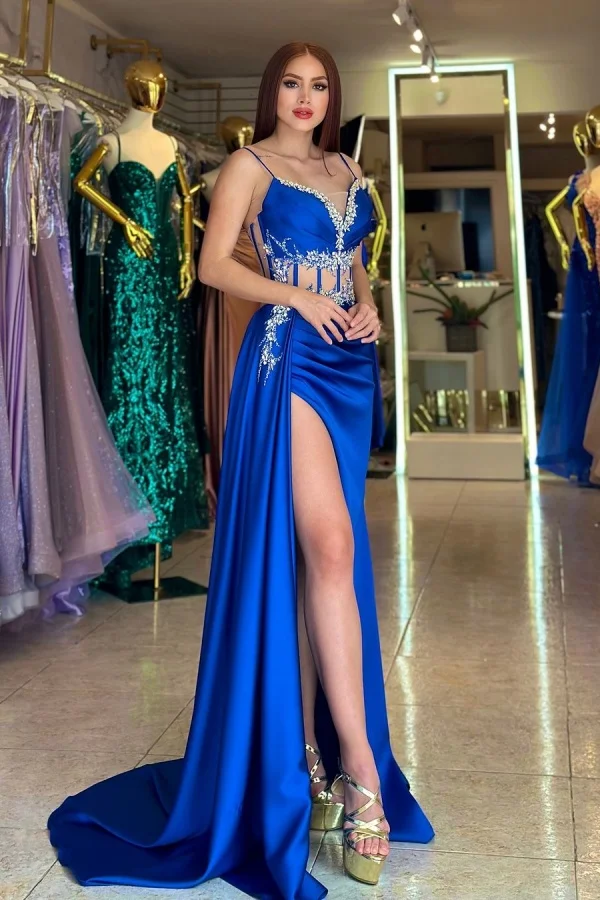 Lisliy Beaded Split Royal Blue Spaghetti-Straps Prom Dress 