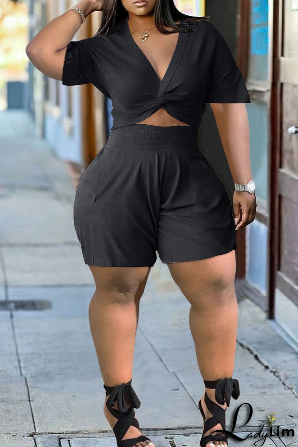 Grey Fashion Casual Solid Basic V Neck Short Sleeve Two Pieces