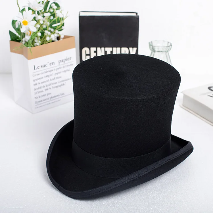 Wool high flat black top hat