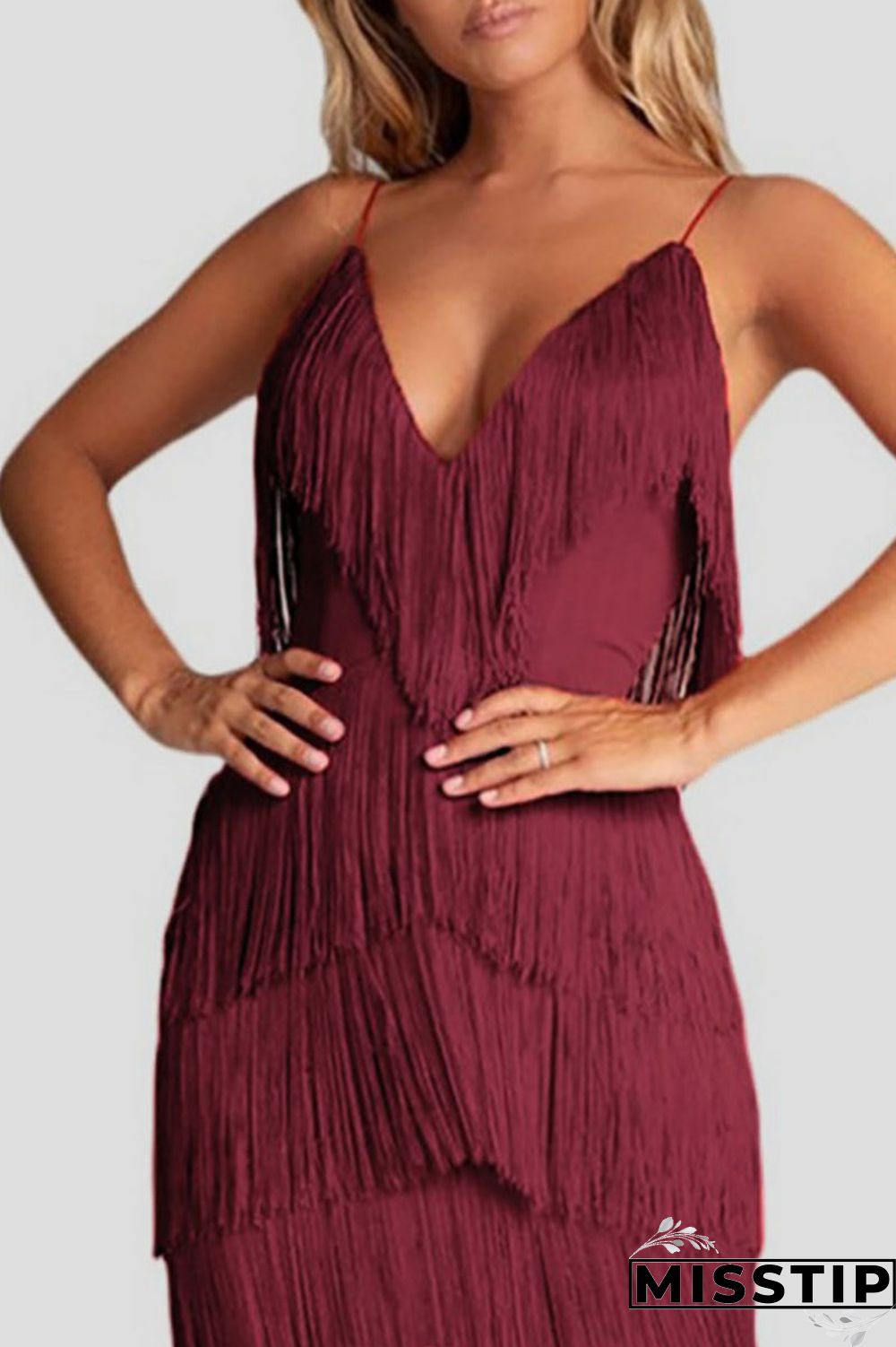 Burgundy Sexy Solid Tassel Patchwork Spaghetti Strap Dresses
