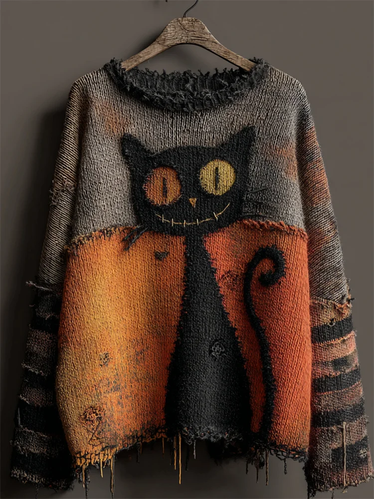 Halloween Black Contrast Stitched Cozy Knit Sweater