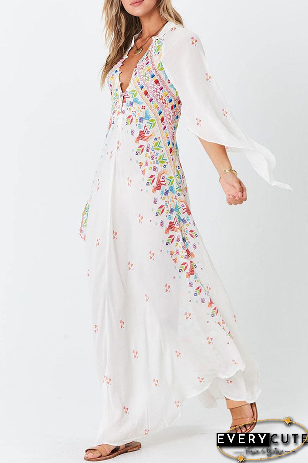 Boho White V-neck Print Dress