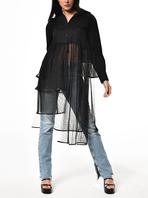 Loose Button Up Long Sleeve Asymmetrical See Through Blouses