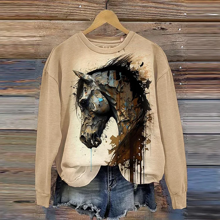 VChics Western Horse Print Round Neck Casual Sweatshirt