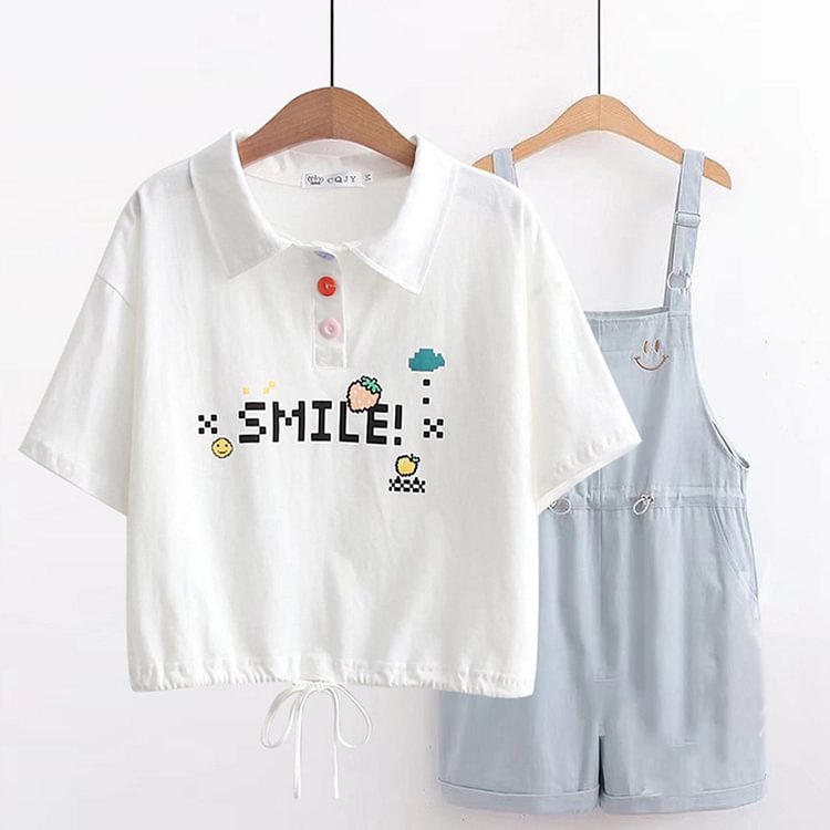 Smile Letter Print T-Shirt Casual Overalls Shorts Set  - Modakawa modakawa