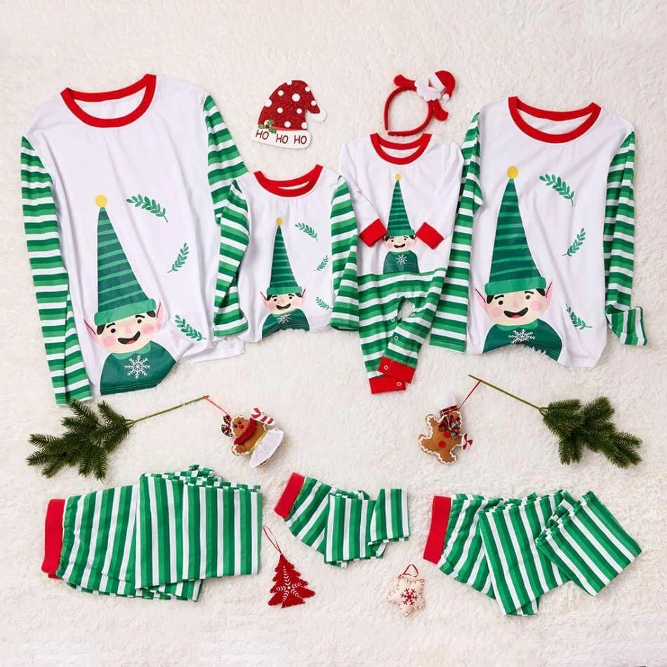 Family Matching Elf Print Top Green Stripe Christmas Pajamas Sets