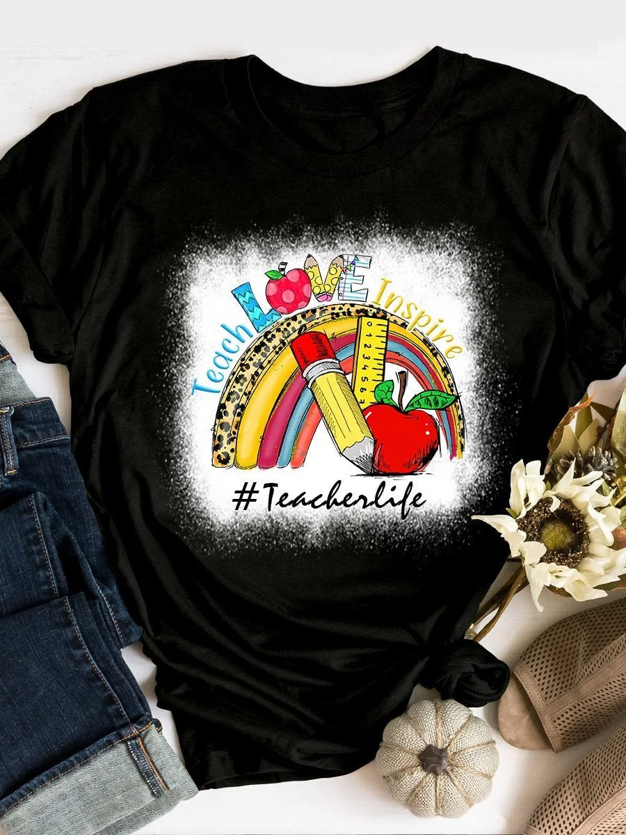 Teacher Love Inspire Rainbow Print Short Sleeve T-shirt