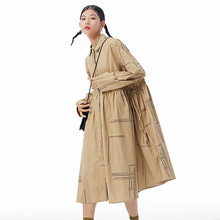 Casual Loose Lapel Solid Color Dot Printed Patchwork Pleated Hem Long Sleeve Dress                