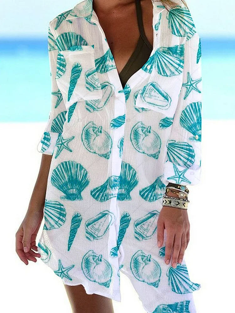 Women's Green Shell Pattern Casual Dress Shift Dress Mini Dress