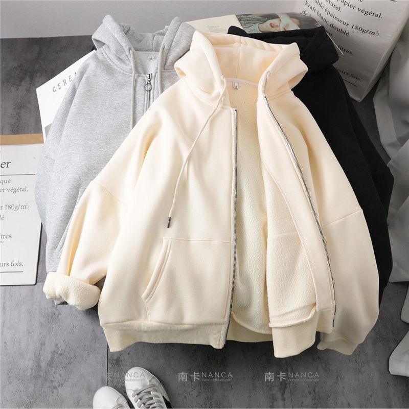 Lazy Plush and Thick Zip-up Autumn And Winter Fashion Women Sweatshirt hoodie coat Korean Soild Color Long Sleeve Female 1214-2