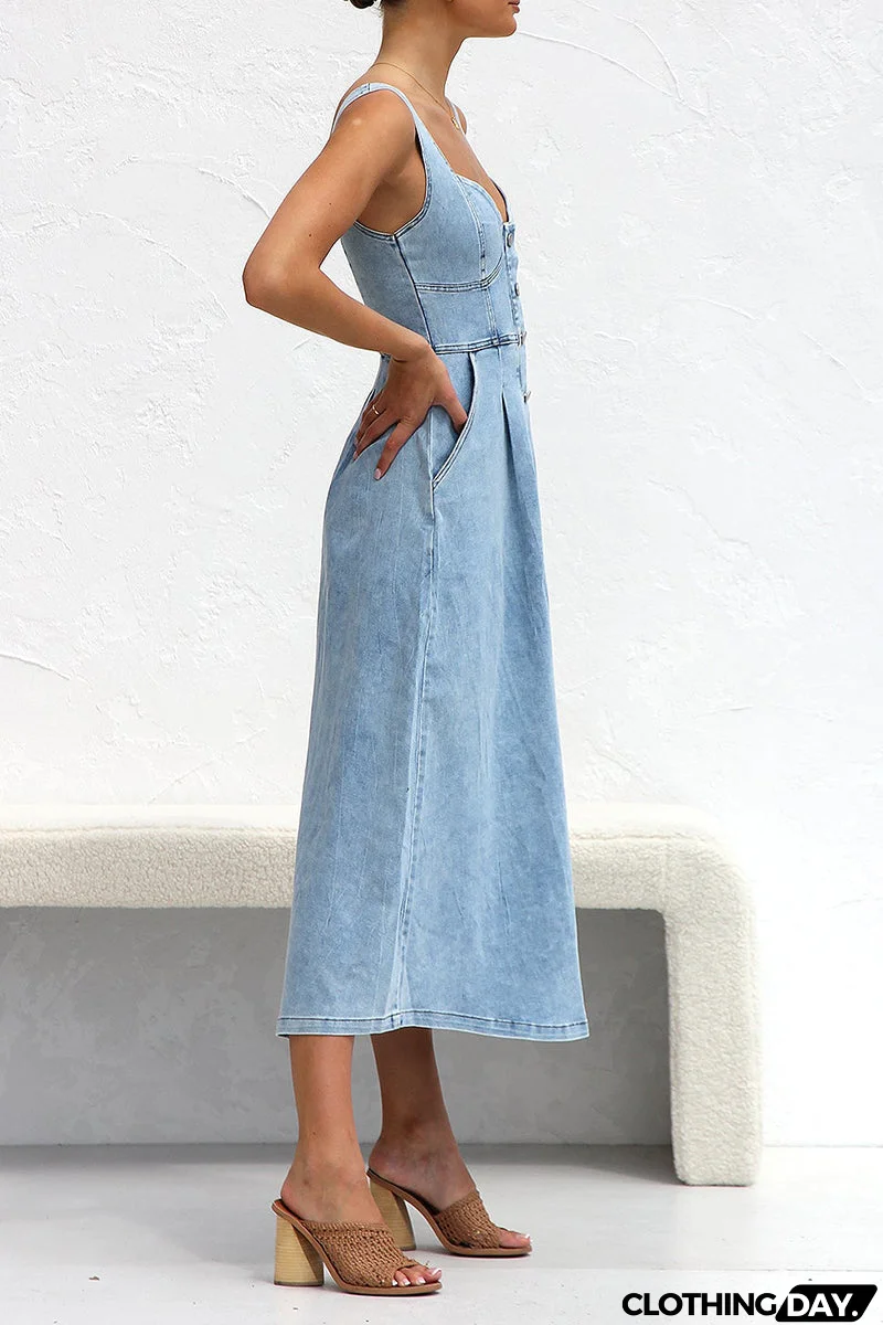 Elegant Solid Make Old Pocket Buckle V Neck Sleeveless Loose Denim Dresses