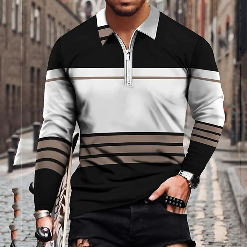 Men's Casual Zip Print Long Sleeve POLO Shirt