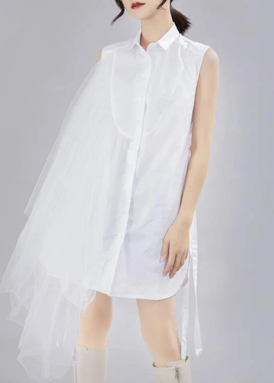 Style White Patchwork Lace asymmetrical design Cotton Shirt