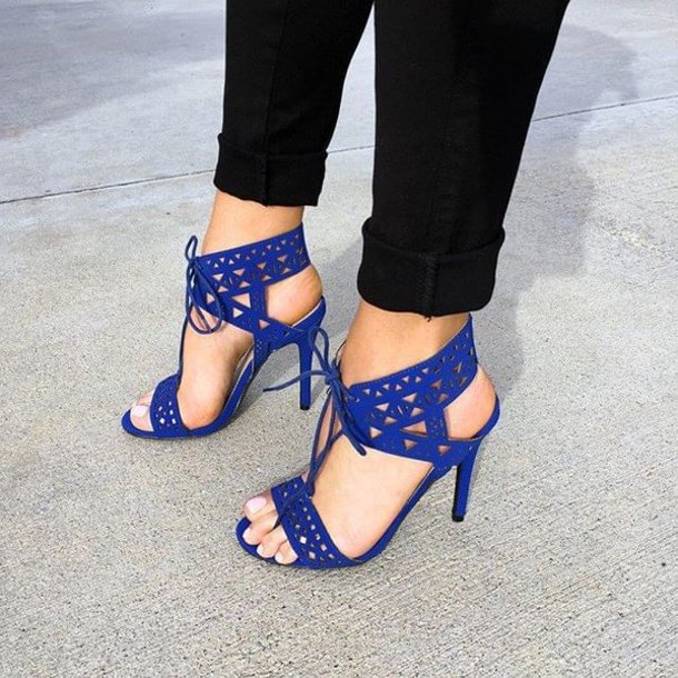 Royal Blue Lace up Sandals Laser Cut Stiletto Heels |FSJ Shoes