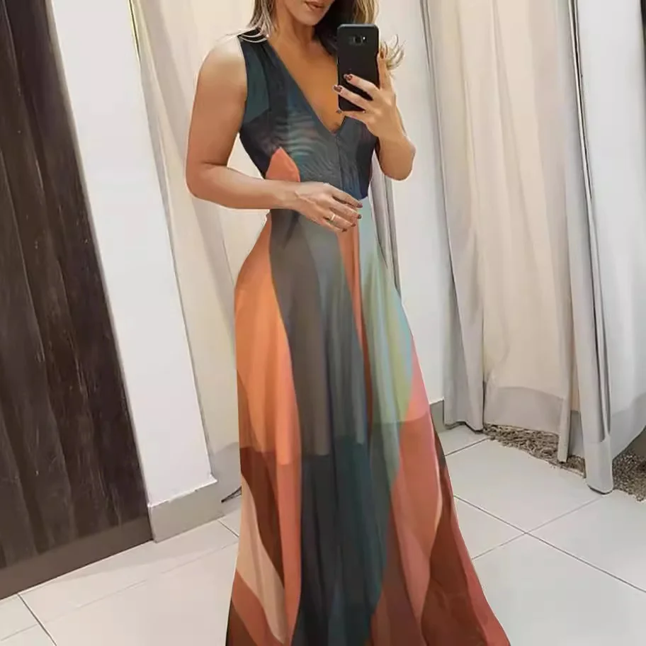 Wongn Wongn Temperament Commuter V Collar Sling Sleeveless Color Color Print Long Waist Dress