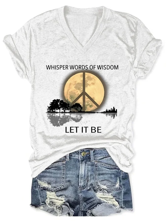 V Neck Hippie Guitar Lake Whisper Words Of Wisdom Let It Be Print T-Shirt