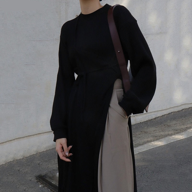 LANFUBEISI Solid Color Side Slit Dress Women 2022 Autumn Retro Niche Round Neck Design Strap Fake Two-Piece Mid-Length Vestidos LANFUBEISI