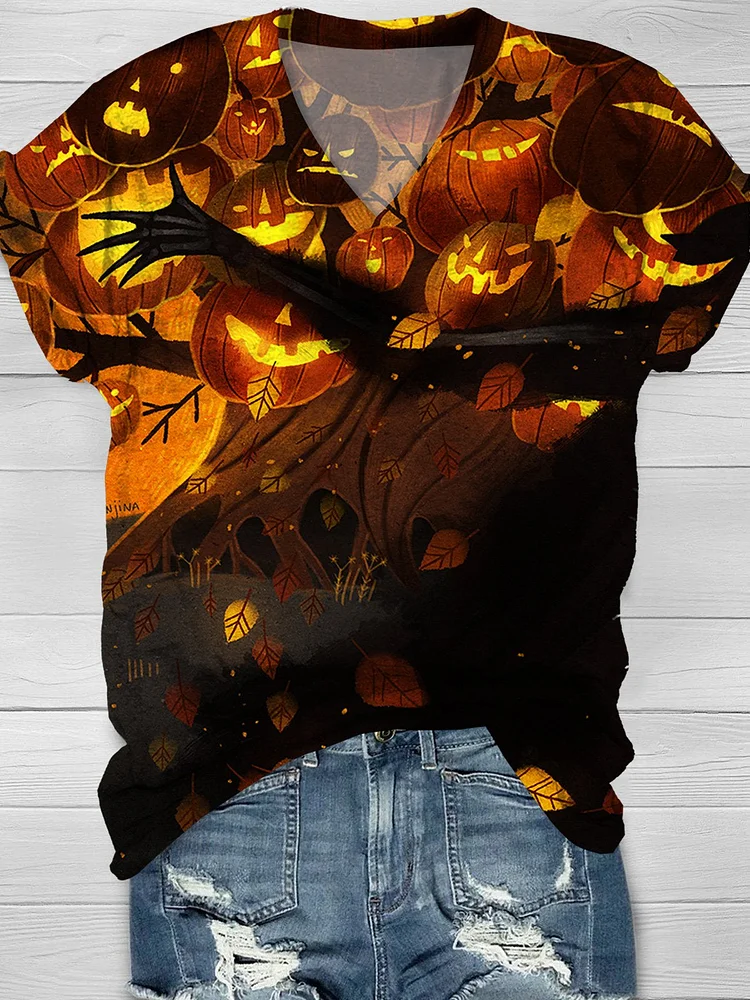 Women's Ghost Pumpkin Tree Skeleton Hand Halloween Casual T-shirt
