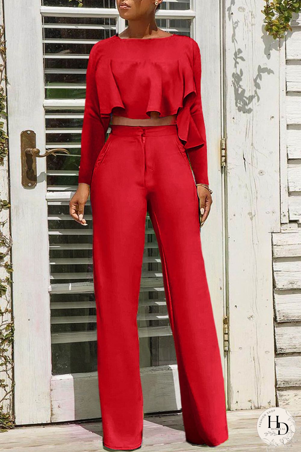 Red Fashion Casual Solid Patchwork O Neck Long Sleeve Two Pieces