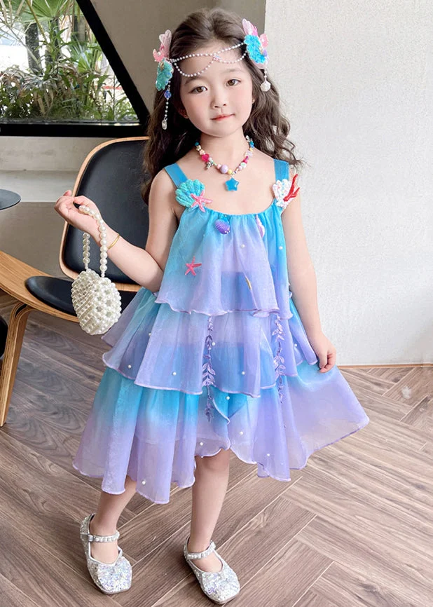 Beautiful Gradient Color Zippered Patchwork Chiffon Girls Dresses Sleeveless
