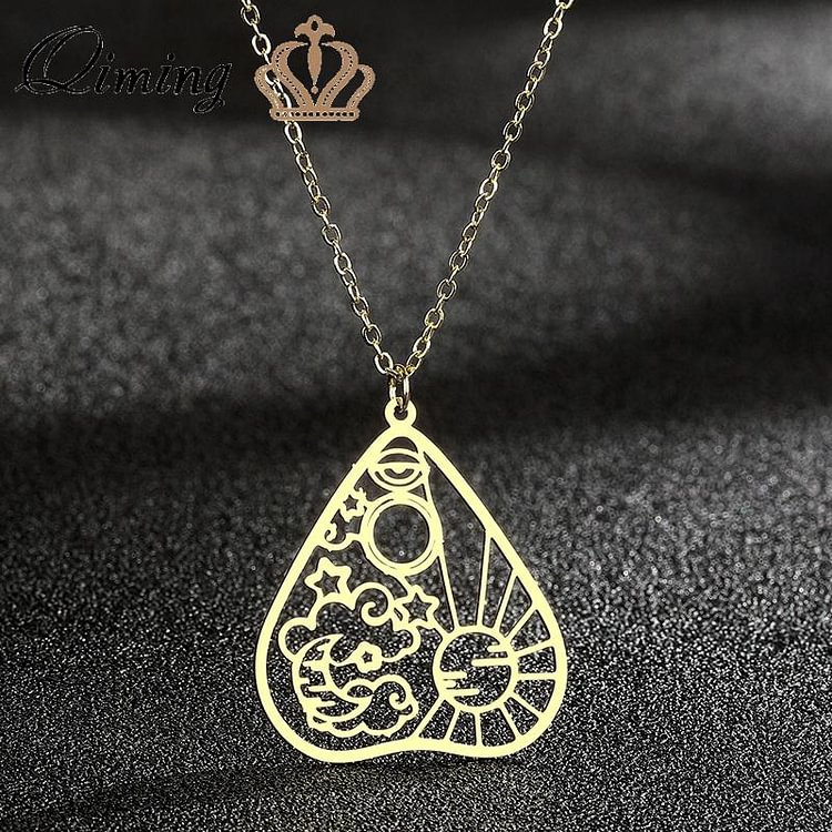 QIMING Moon Phase Black Necklace For Women Glow In The Dark Glowing Luminous Enamel Vintage Crescent Pendant Necklaces