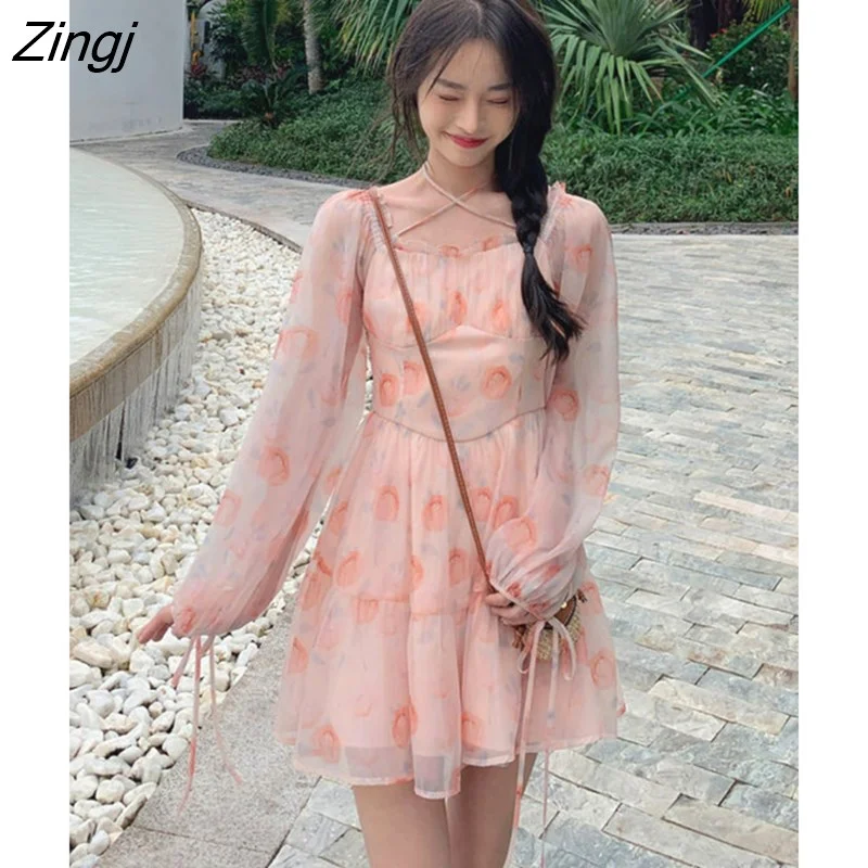 Zingj Spring Vintage Midi Dress Women Elegant Princess Lantern Sleeve