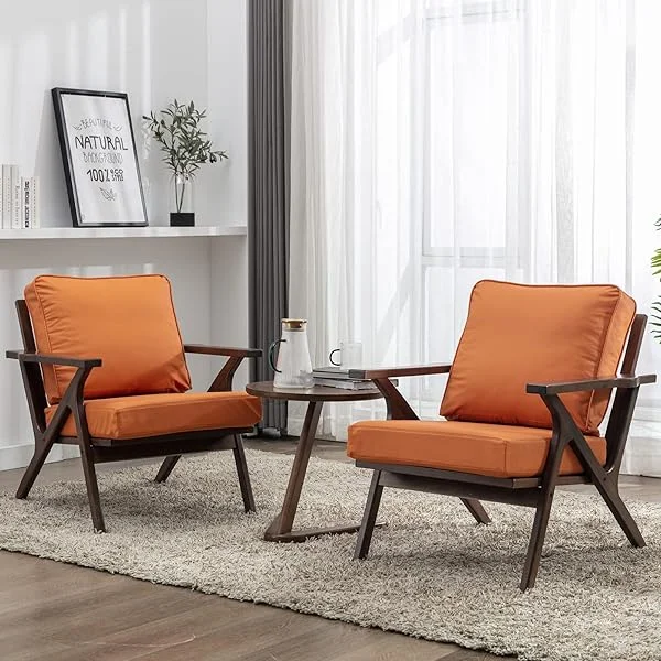 Accent Chairs Set of 2, Mid Century Modern Chair, Comfy Leather Upholstered Armchair with Wood Frame and Removable Cushions, Side Reading Arm Chair Lounge Chairs for Bedroom, Living Room Brown Leather 2