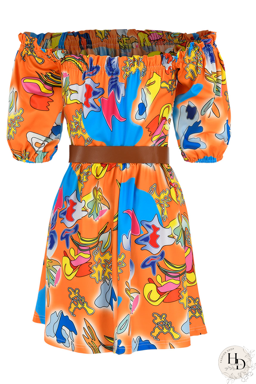 Purple Casual Print Split Joint Off the Shoulder Cake Skirt Dresses