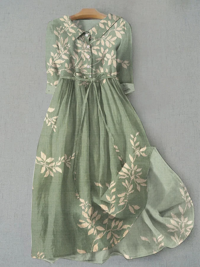 Japanese Plant Print Art Print Casual Tie Dress