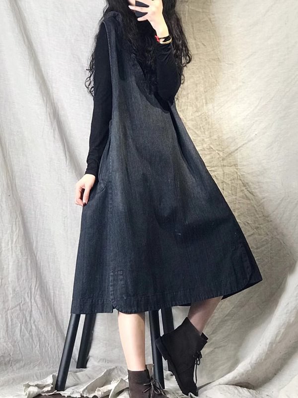 Original V-Neck Denim Sleeveless Midi Dress