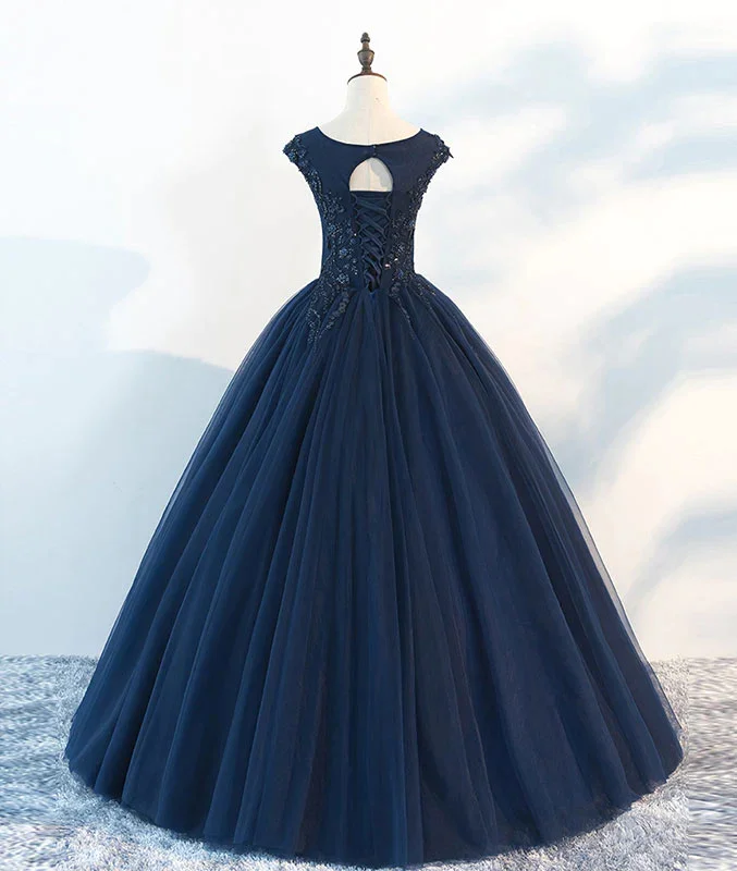 Lisliy Navy Blue Sleeveless Prom Dress A-Line Lace Printed Evening Dress 