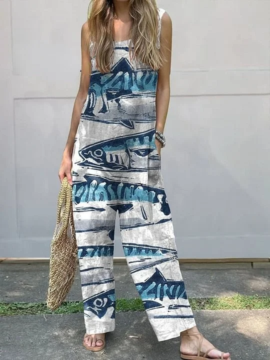 Women's Vintage Lovely Fish Art Print Casual 100% Cotton Wide Leg Jumpsuit