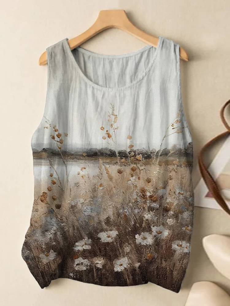 Comstylish Women's Field Landscape Oil Painting Print Casual Tank Top