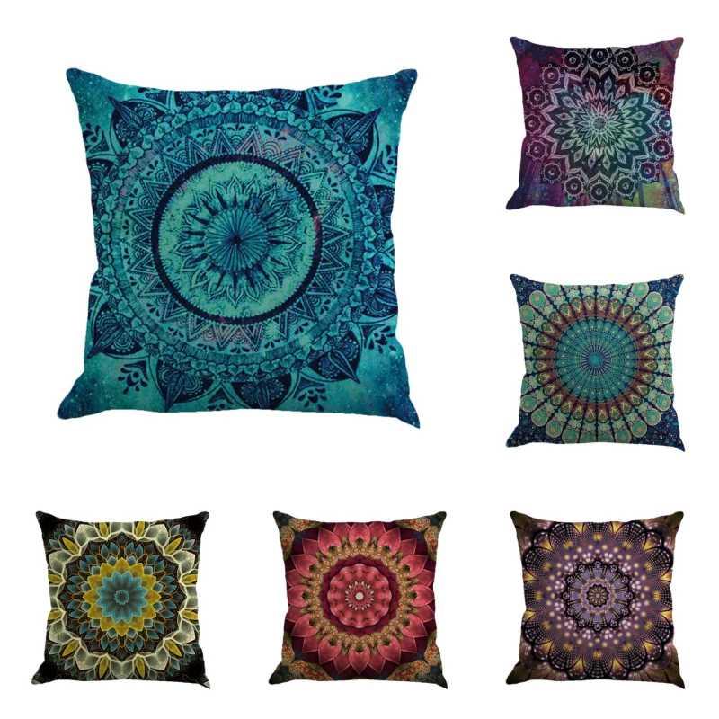 Retro Flax Featured Mandala Printed Cushion Pillowcase