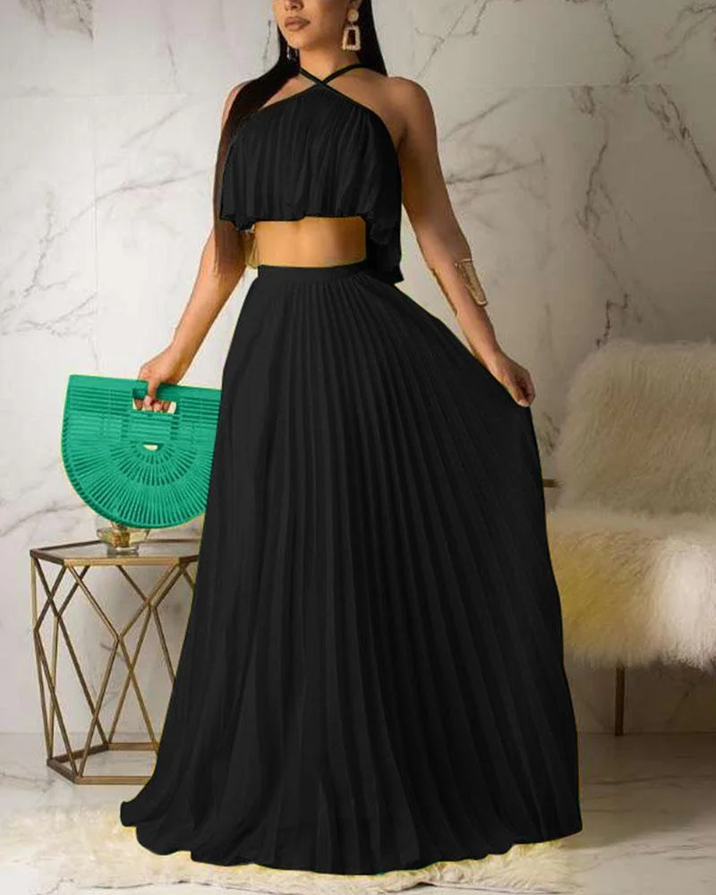 Sexy Halter Top Pleated Skirt Suit