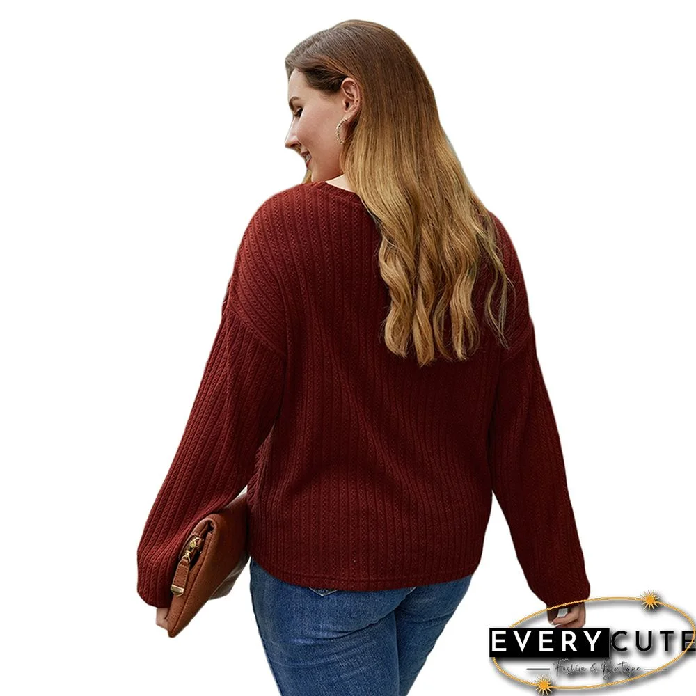 Red Ruffled Detail Long Sleeve Plus Size Tops