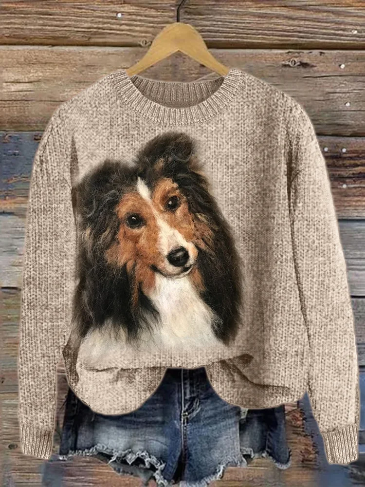 VChics Shetland Sheepdog Portrait Cozy Knit Sweater