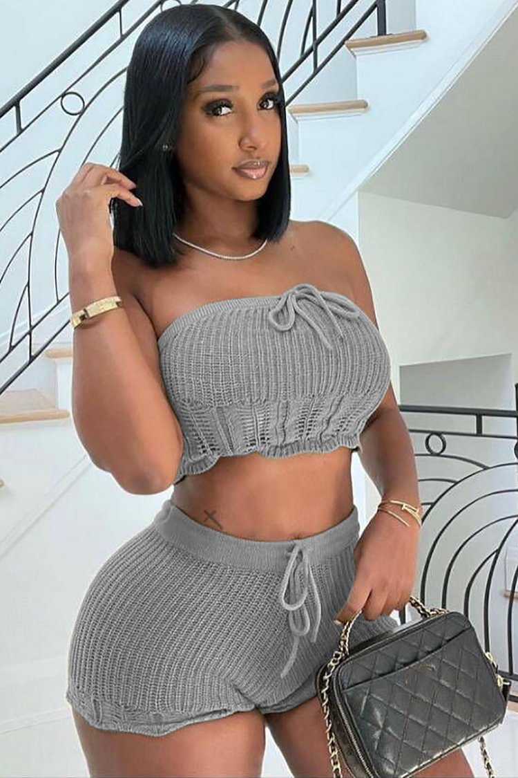 Knotted Crop Tube Top Knit Shorts Matching Set