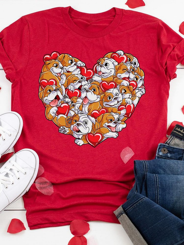 Bestdealfriday Valentine's Day Heart Shaped Bulldog Graphic Tee