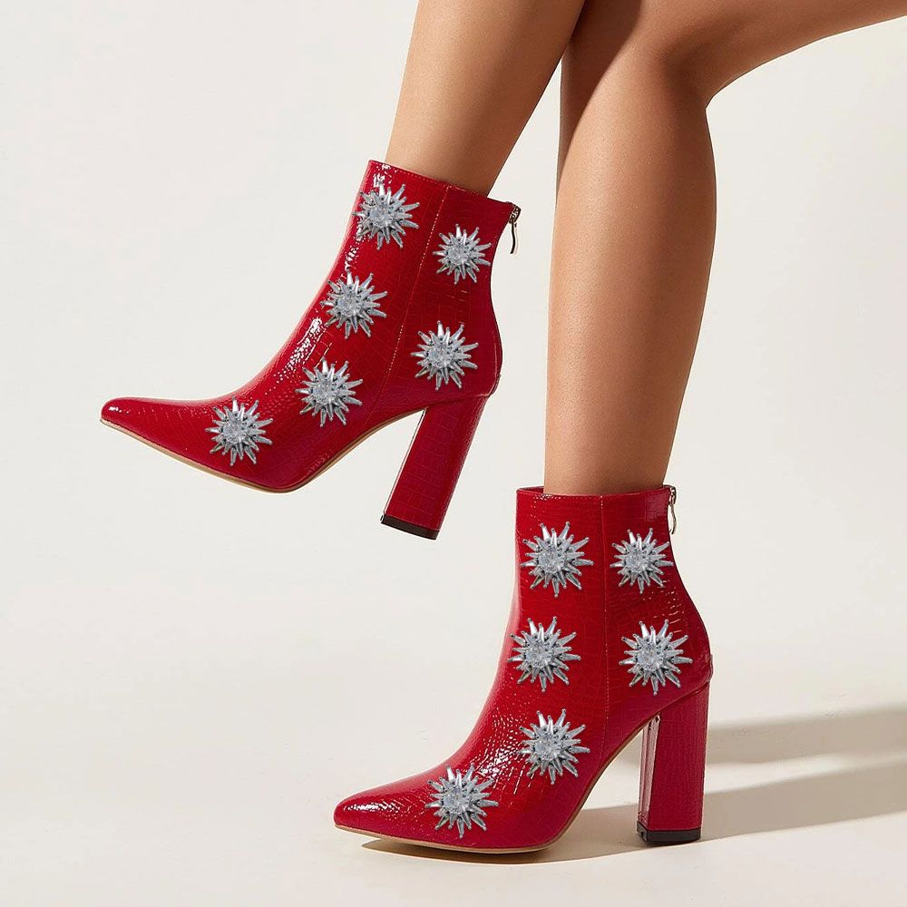 Red Croco Embossed Chunky Heel Ankle Boots with Rhinestone Decoration Nicepairs