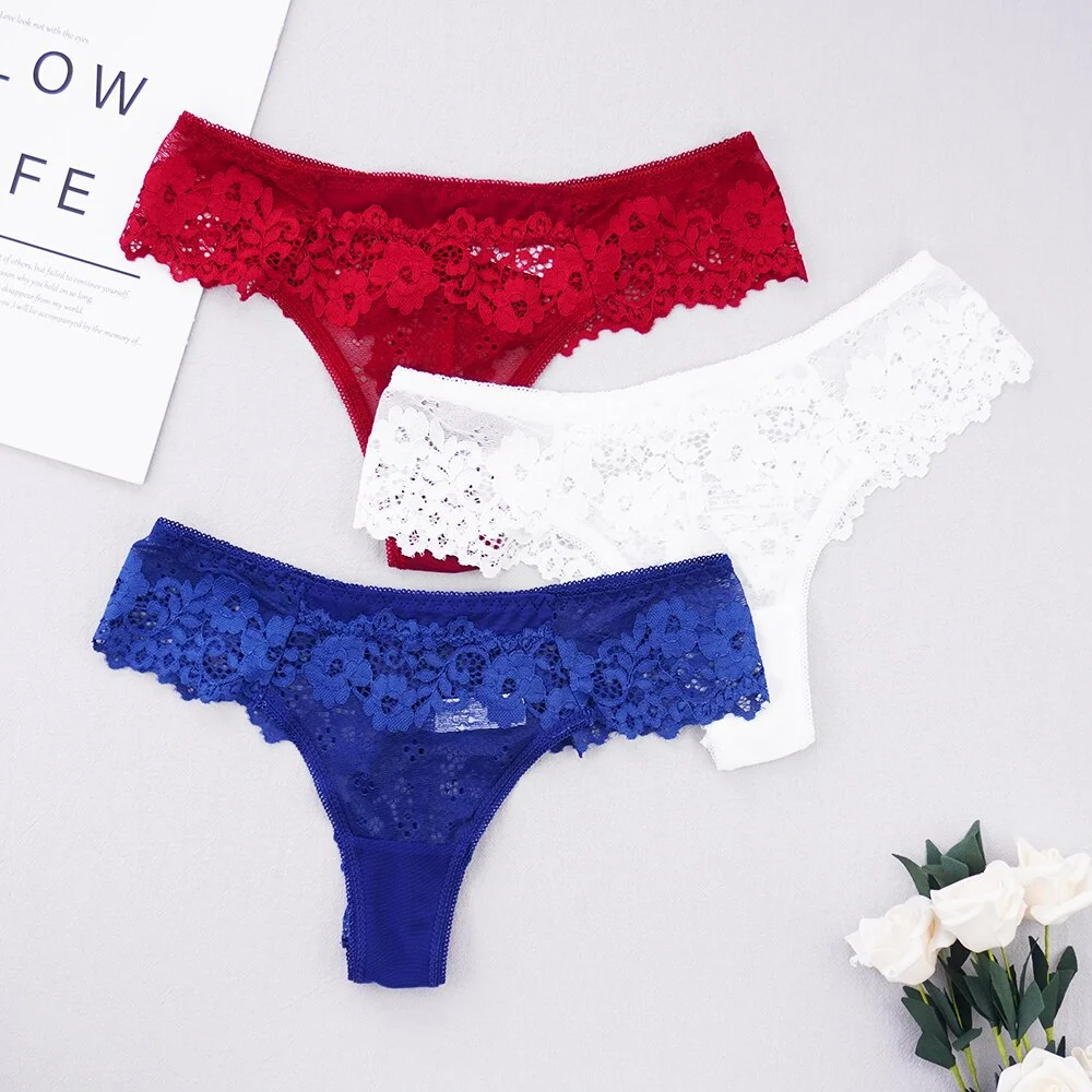 Billionm Sexy Lace Thong Low Waist Lace Transparent Panties Women Hollow out Breathable G String Briefs Bow Underwear Lingerie