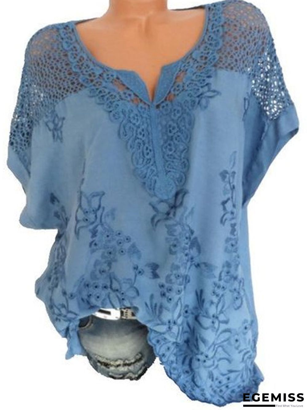 Large Size Women Short-sleeved Blouse V-neck Bat Sleeve Lace Blouse Tops | EGEMISS