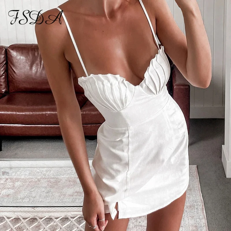 FSDA V Neck Mini Sexy Backless Dress Women Spaghetti Strap White Summer 2021 Sleeveless Club Bodycon Dresses Party Beach