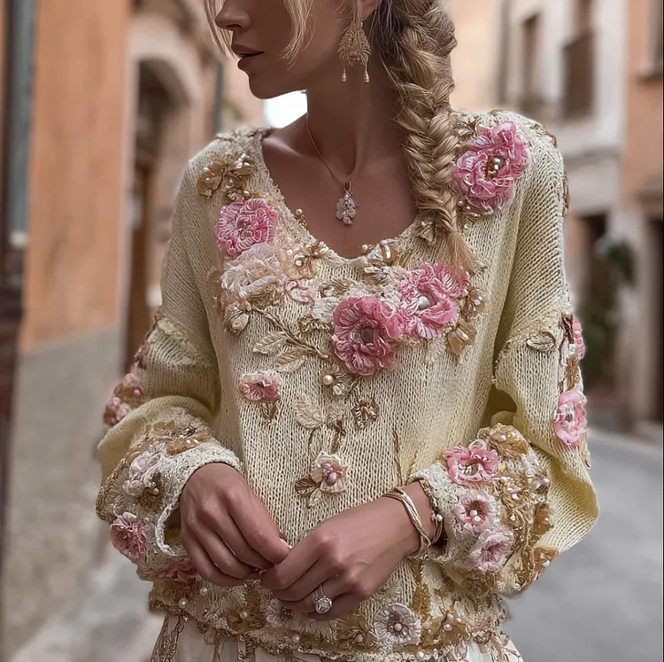 Bohemian Style Floral Embroidery Women's Round Neck Long Sleeve Knitted Sweater